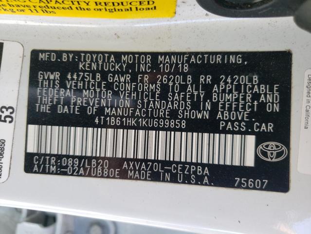 4T1B61HK1KU699858 - 2019 TOYOTA CAMRY XSE WHITE photo 10