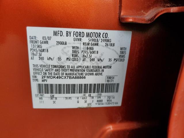 2FMDK49CX7BA88866 - 2007 FORD EDGE SEL P ORANGE photo 10