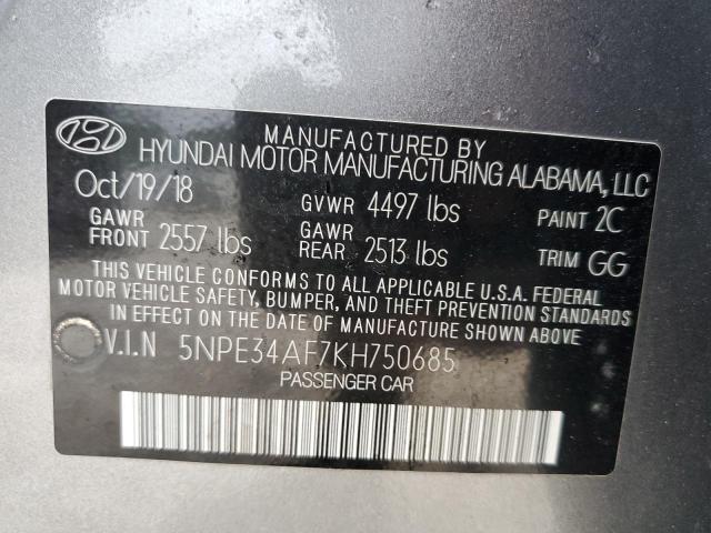 5NPE34AF7KH750685 - 2019 HYUNDAI SONATA LIM SILVER photo 10