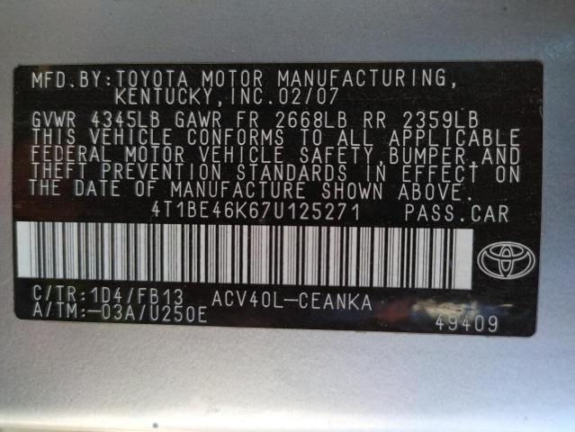 4T1BE46K67U125271 - 2007 TOYOTA CAMRY CE SILVER photo 10