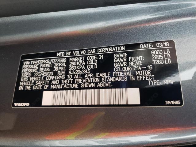 YV4102PK8J1377689 - 2018 VOLVO XC90 T5 GRAY photo 10