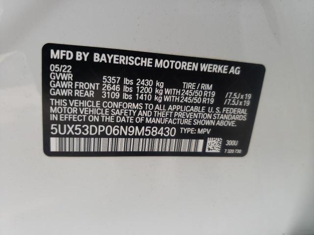 5UX53DP06N9M58430 - 2022 BMW X3 XDRIVE3 WHITE photo 10