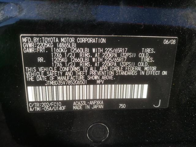 JTMBD35V785206501 - 2008 TOYOTA RAV4 4D 4W BLACK photo 10