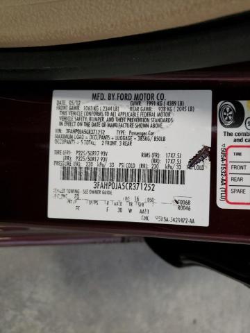 3FAHP0JA5CR371252 - 2012 FORD FUSION SEL BURGUNDY photo 10