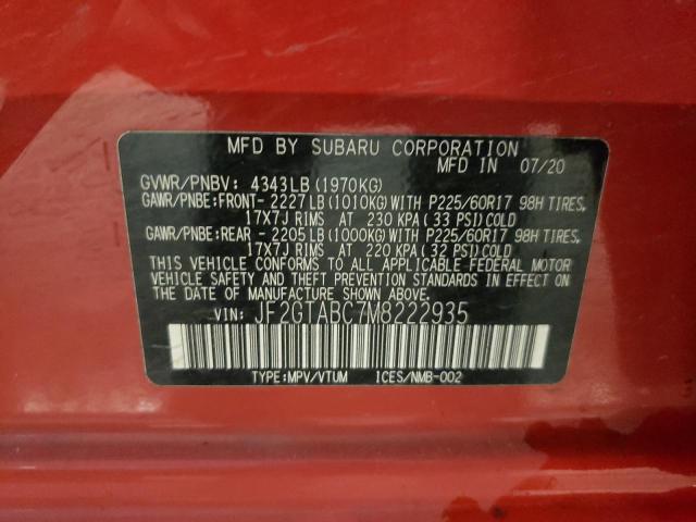 JF2GTABC7M8222935 - 2021 SUBARU CROSSTREK RED photo 10