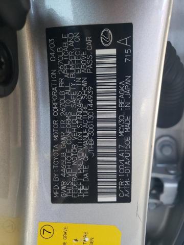 JTHBF30G130144939 - 2003 LEXUS ES 300 SILVER photo 10