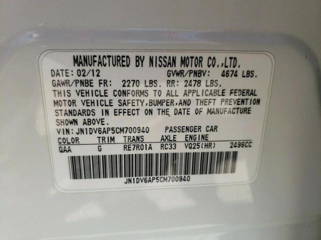 JN1DV6AP5CM700940 - 2012 INFINITI G25 BASE WHITE photo 10