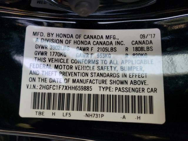 2HGFC1F7XHH659885 - 2017 HONDA CIVIC EXL 黑色 照片 10