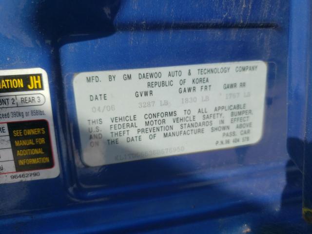 KL1TD66636B676950 - 2006 CHEVROLET AVEO BASE BLUE photo 10