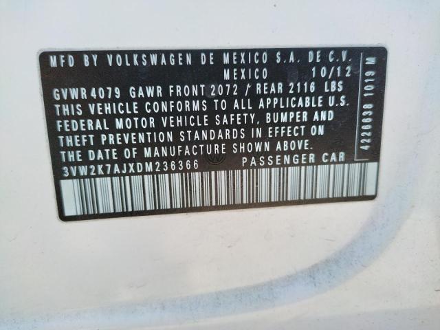 3VW2K7AJXDM236366 - 2013 VOLKSWAGEN JETTA BASE 白色 照片 10