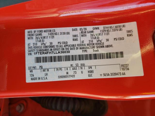 1FTER4FH7LLA36030 - 2020 FORD RANGER XL RED photo 10