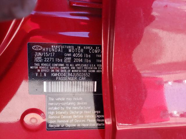 KMHD04LB4JU502652 - 2018 HYUNDAI ELANTRA SP RED photo 10