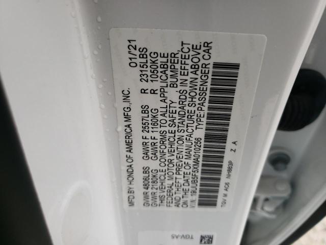 19UUB5F5XMA010256 - 2021 ACURA TLX TECH A WHITE photo 10