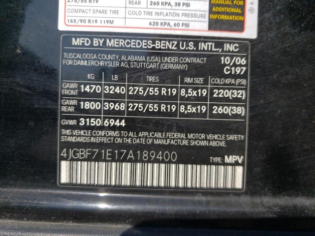 4JGBF71E17A189400 - 2007 MERCEDES-BENZ GL 450 4MA BLACK photo 10