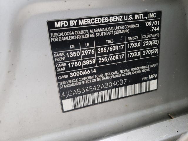 4JGAB54E42A304037 - 2002 MERCEDES-BENZ ML 320 SILVER photo 10