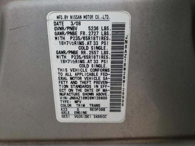 JN8AZ18W29W128988 - 2009 NISSAN MURANO SILVER photo 10