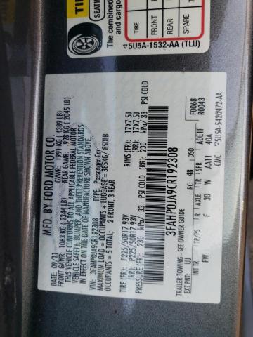 3FAHP0JA9CR192308 - 2012 FORD FUSION SEL GRAY photo 10