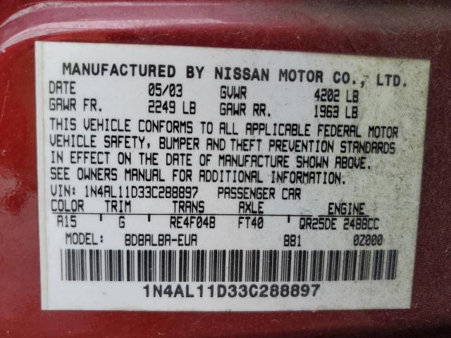 1N4AL11D33C288897 - 2003 NISSAN ALTIMA BAS RED photo 10