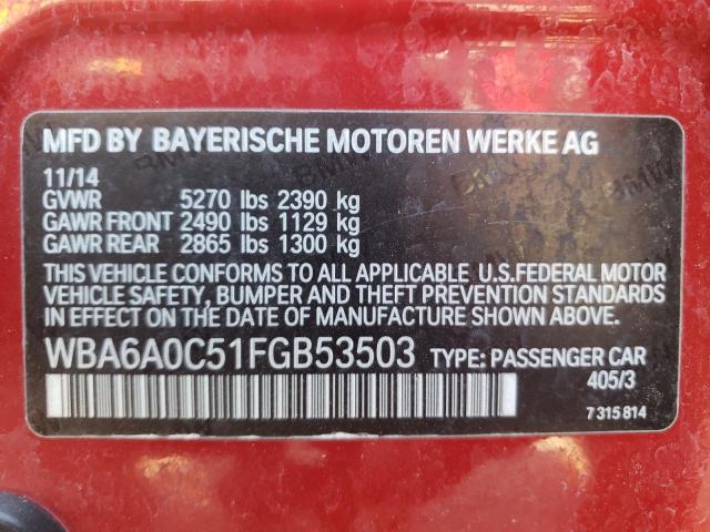 WBA6A0C51FGB53503 - 2015 BMW 640 I GRAN RED photo 10