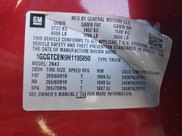 1GCGTCEN9H1195890 - 2017 CHEVROLET COLORADO L MAROON photo 10