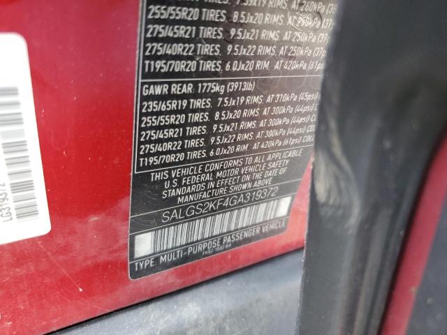 SALGS2KF4GA319372 - 2016 LAND ROVER RANGE ROVE RED photo 10