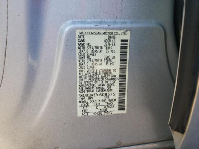 5N1AR18W37C608575 - 2007 NISSAN PATHFINDER SILVER photo 10