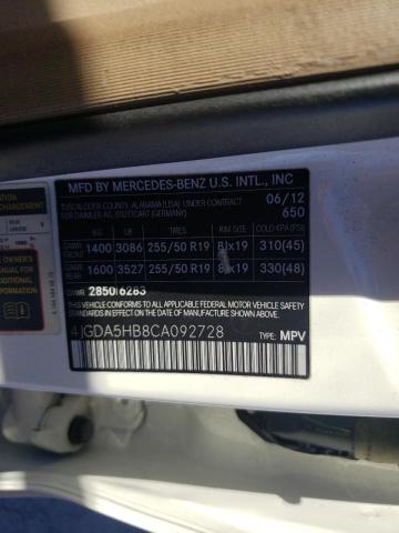 4JGDA5HB8CA092728 - 2012 MERCEDES-BENZ ML 350 4MA WHITE photo 10