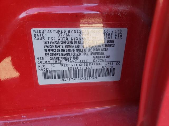 3N1AB7AP8GY317949 - 2016 NISSAN SENTRA RED photo 10