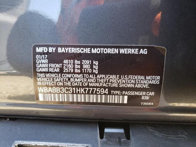WBA8B3C31HK777594 - 2017 BMW 340 I GRAY photo 10
