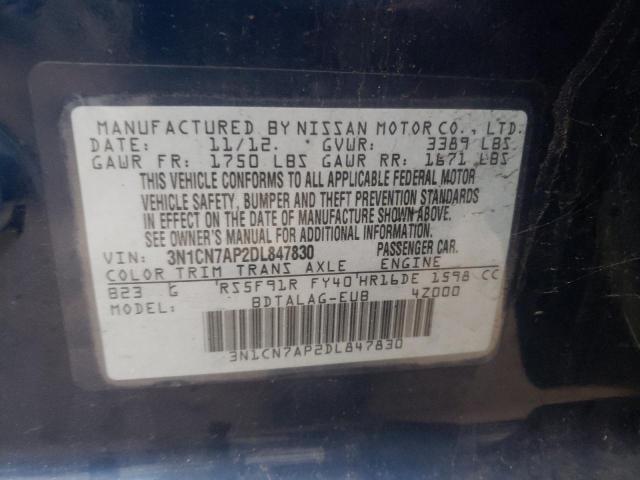 3N1CN7AP2DL847830 - 2013 NISSAN VERSA S BLUE photo 10