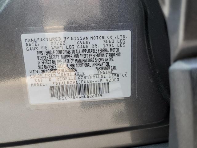 3N1CP5BV6NL528024 - 2022 NISSAN KICKS S GRAY photo 10