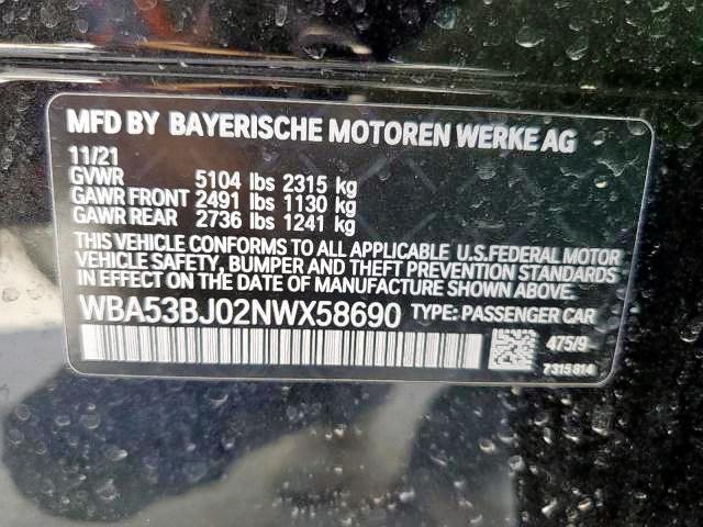 WBA53BJ02NWX58690 - 2022 BMW 540 I BLACK photo 10