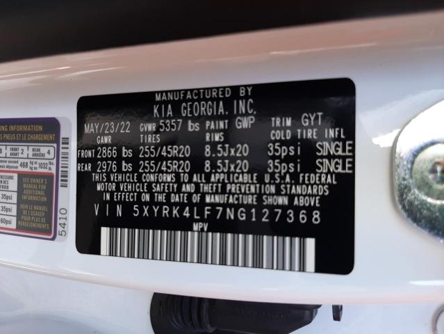 5XYRK4LF7NG127368 - 2022 KIA SORENTO SX WHITE photo 10