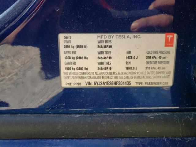 5YJSA1E28HF204435 - 2017 TESLA MODEL S Կապույտ լուսանկար 10