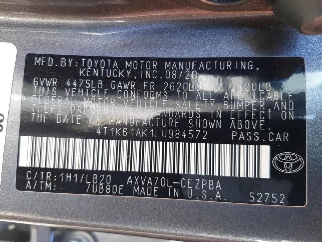 4T1K61AK1LU984572 - 2020 TOYOTA CAMRY XSE GRAY photo 10