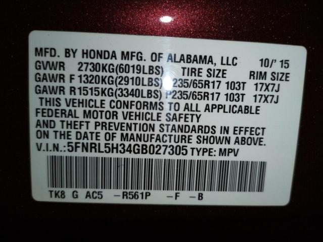 5FNRL5H34GB027305 - 2016 HONDA ODYSSEY SE BURGUNDY photo 10