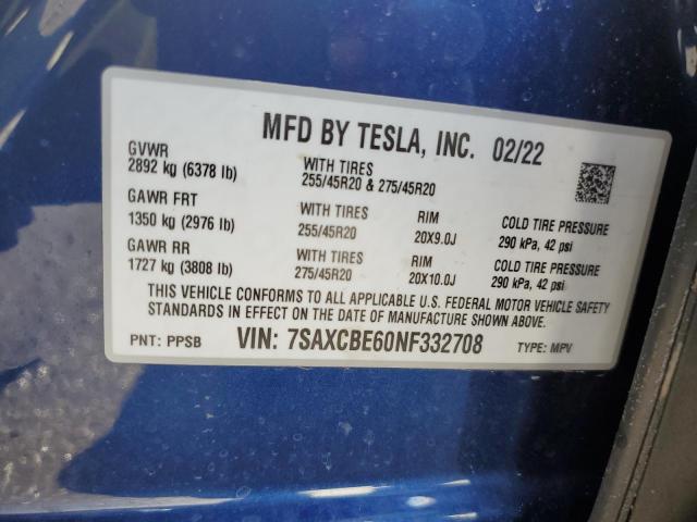 7SAXCBE60NF****** - 2022 TESLA MODEL X BLUE photo 10
