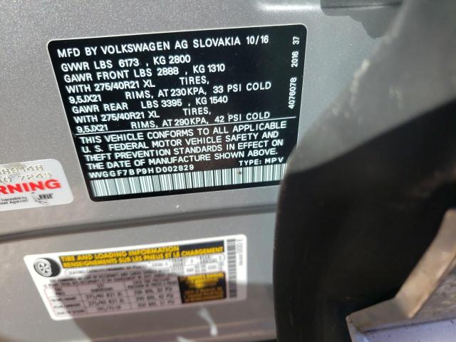 WVGGF7BP9HD002829 - 2017 VOLKSWAGEN TOUAREG EX ვერცხლისფერი ფოტო 10