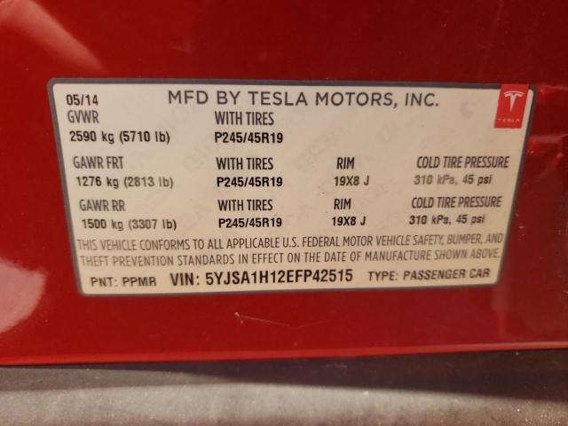 5YJSA1H12EFP42515 - 2014 TESLA MODEL S RED photo 10