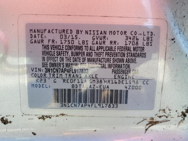 3N1CN7AP4FL917833 - 2015 NISSAN VERSA S SILVER photo 10