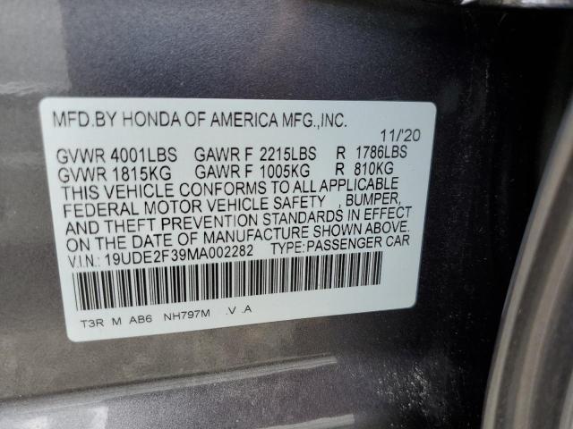 19UDE2F39MA002282 - 2021 ACURA ILX GRAY photo 10