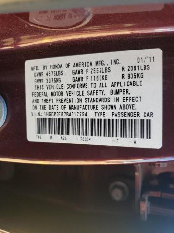 1HGCP3F87BA017254 - 2011 HONDA ACCORD EXL MAROON photo 10