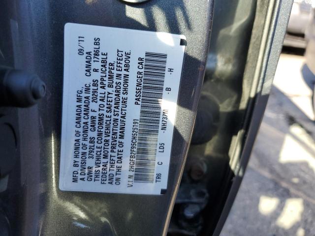 2HGFB2F95CH525191 - 2012 HONDA CIVIC EXL Boz foto 10