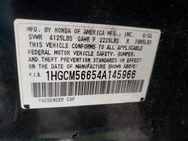 1HGCM56654A145966 - 2004 HONDA ACCORD BLACK photo 10