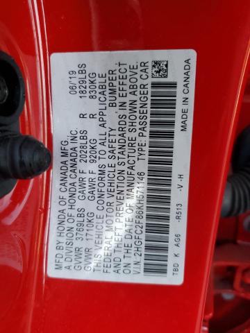 2HGFC2F86KH571146 - 2019 HONDA CIVIC SPORT  photo 10