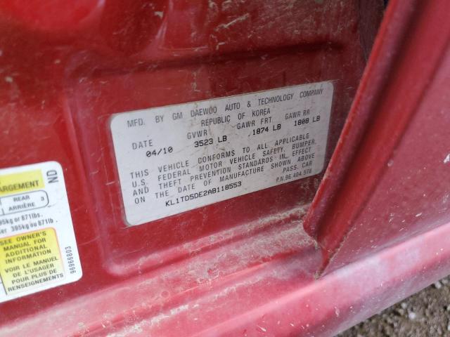 KL1TD5DE2AB118553 - 2010 CHEVROLET AVEO LS 红色 照片 10