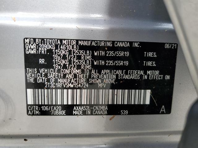 2T3C1RFV5MW154724 - 2021 TOYOTA RAV4 XLE P SILVER photo 10