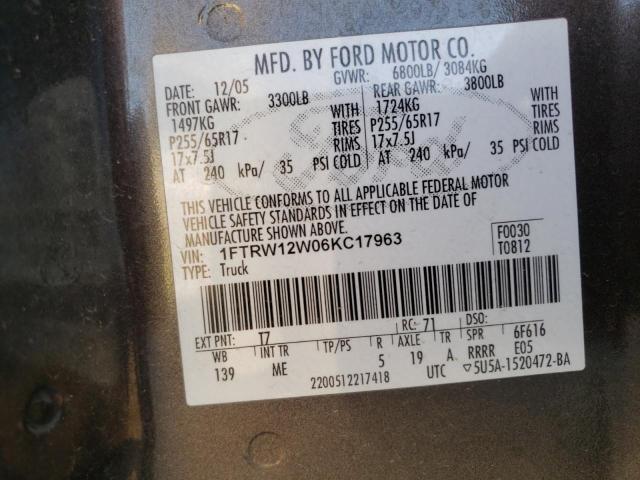 1FTRW12W06KC17963 - 2006 FORD F-150 GRAY photo 10