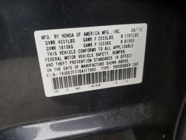 19UDE2F31GA017993 - 2016 ACURA ILX BASE W Сірий фото 10