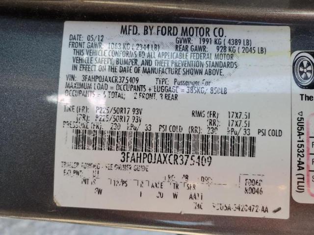 3FAHP0JAXCR375409 - 2012 FORD FUSION SEL SILVER photo 10